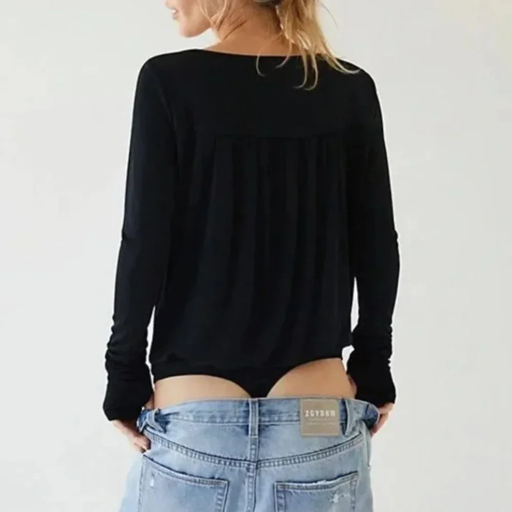 Free People New Kaya V Neck Keyhole Bodysuit Black Size XL - Picture 12 of 14